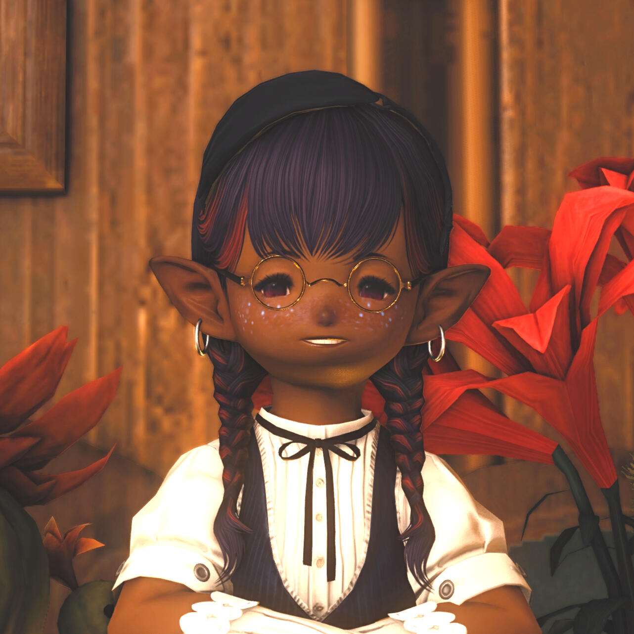 pinen wearing a ribbon on her head, gesturing a "shh". there is a hydrangea bush behind her that frames her face pretty decently